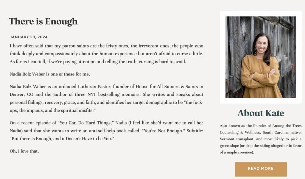 Screenshot of a mobile friendly website displaying blog post content and a sidebar. Sidebar contains a headshot of a smiling woman, with text below reading "About Kate'
