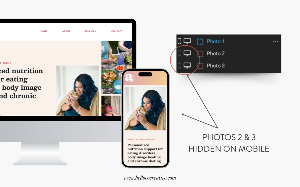 Side-by-side comparison of a desktop and mobile friendly website. Desktop version has three images displayed on the section, while the mobile version only has one image. Text reads "photos 2 & 3 hidden on mobile." Includes a screenshot of settings in Showit to create this website.