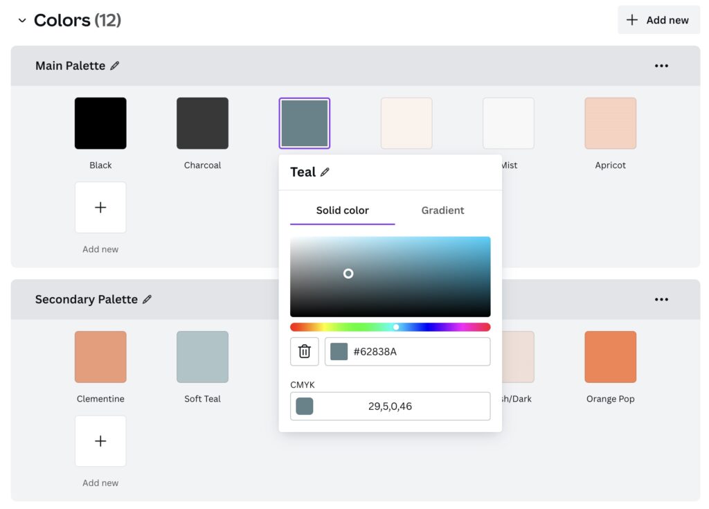 Adding colors to Canva brand kit using hex and CMYK codes