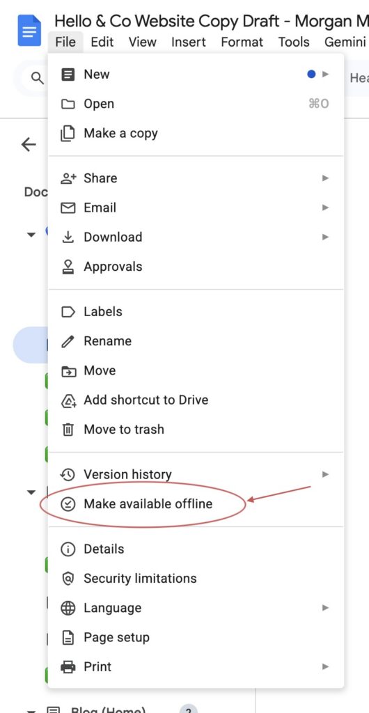 how to make google docs available offline by clicking file → make available offline